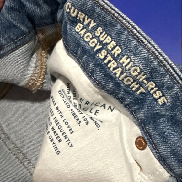 American Eagle Curvy Super High-Rise Baggy Straight Jeans 12 Regular Blue Denim - Picture 5 of 8